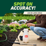 Lifestyle image showing a person pouring Ortho GroundClear concentrate into a tank sprayer beside garden beds, with spot-on accuracy headline.