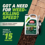 Promotional panel featuring Ortho GroundClear jug and text about rapid weed-killing speed and 15 minutes