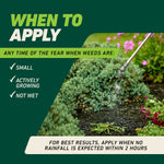 When to apply advisory graphic showing a sprayer wand tipping toward landscaping and checklist of conditions for applying product.