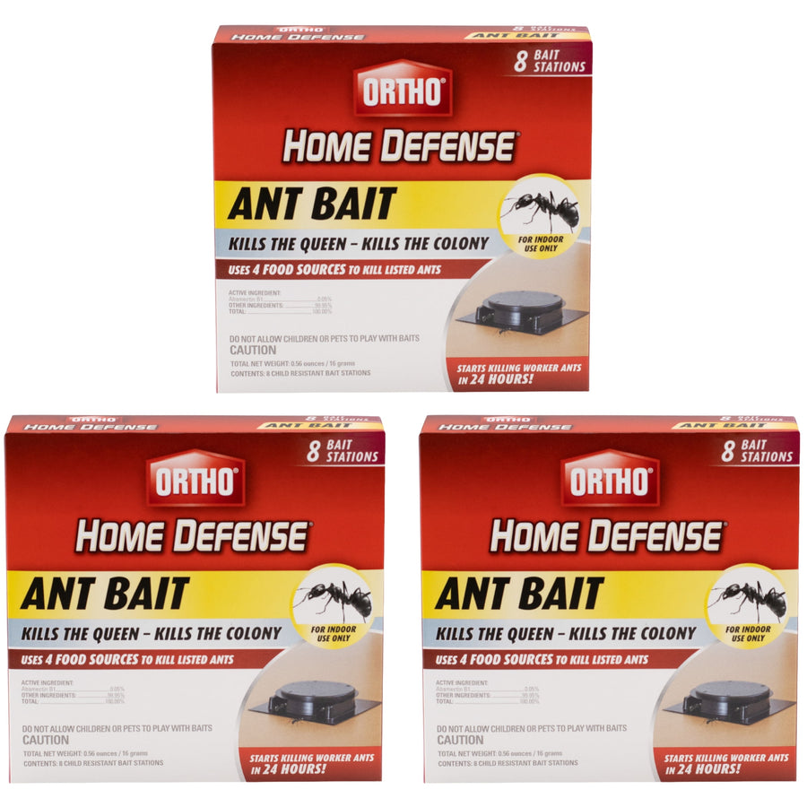 Three Ortho Home Defense Ant Bait product boxes shown against white background, packaging front visible