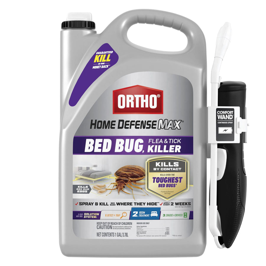 Ortho Home Defense Max gallon jug with attached Comfort Wand, front label showing 'Bed Bug, Flea & Tick Killer' on white background.