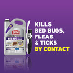 Ortho Home Defense Max gallon and Comfort Wand displayed on purple background with bold text 'Kills bed bugs, fleas & ticks by contact'.
