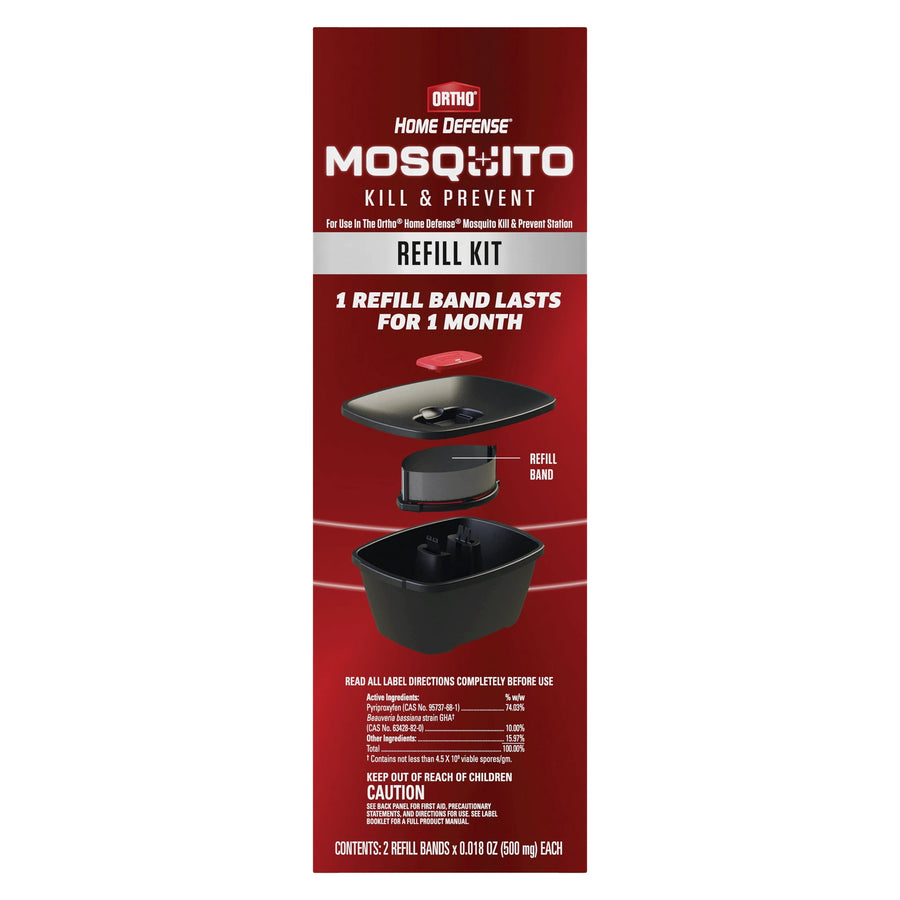 Tall product panel showing Ortho Home Defense Mosquito Kill & Prevent refill kit with exploded station diagram