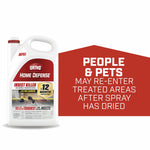 White Ortho Home Defense refill jug next to red panel stating people & pets may re-enter treated areas after spray has dried