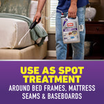 Lifestyle image of a person holding Ortho Home Defense Max jug and Comfort Wand near a bed, with text recommending spot treatment around bed frames.