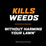 Bold black graphic reading “Kills weeds without harming your lawn” with small asterisk disclaimer at bottom.