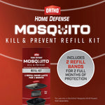 Red promotional graphic for Ortho Home Defense Mosquito Kill & Prevent refill kit highlighting two refill bands
