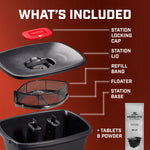 Exploded view graphic labeled "What's Included" showing station lid, floater, base and refill band