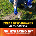 Person wearing gloves sprinkling granular insecticide onto a fire ant mound in grass, product container and cap visible.