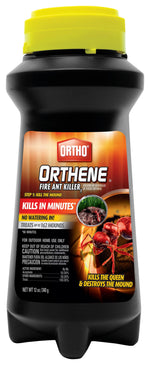 Close-up front view of an Ortho Orthene Fire Ant Killer black bottle with yellow cap and product label.