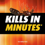 High-contrast graphic with an enlarged dead ant image above bold text reading “Kills in Minutes.”