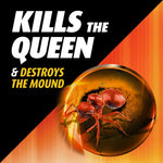 Bold graphic stating “Kills the Queen & Destroys the Mound” with a magnified red fire ant illustration.