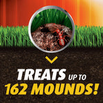 Graphic showing a close-up of a fire ant at a mound above text claiming it treats up to 162 mounds.