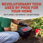 Lifestyle graphic with headline about revolutionary tech and image of the Ortho mosquito station being placed outdoors