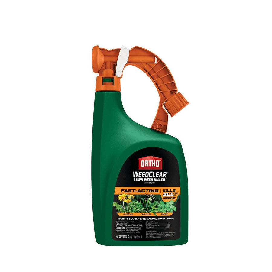 Green Ortho WeedClear ready-to-spray bottle with orange spray handle and front label
