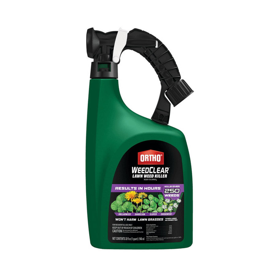 Green Ortho WeedClear ready-to-spray lawn weed killer bottle with trigger sprayer and product label visible