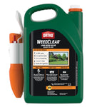 Rear view of green Ortho WeedClear one-gallon container showing usage panel and attached orange comfort wand.