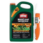 Green one-gallon Ortho WeedClear lawn weed killer jug with attached orange comfort wand and product label.