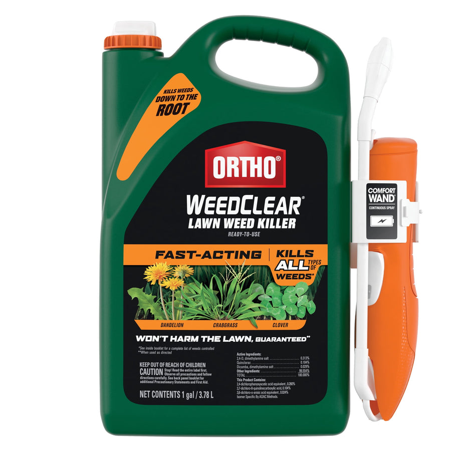 Green one-gallon Ortho WeedClear lawn weed killer jug with attached orange comfort wand and product label.