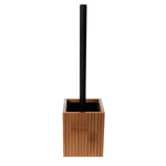 Square bamboo toilet brush holder with vertical black handle and inner black liner on white background