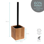 White studio image with dimensions and material callouts showing the square bamboo toilet brush holder and black handle, labeled 14 in and 4 in.