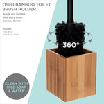 Product infographic showing Oslo bamboo toilet brush and holder with 360° brush illustration and care advice on a pale blue background.