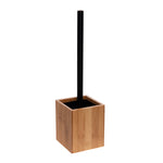 Square ribbed bamboo toilet brush holder with a tall black handle centered on a white background, studio product shot.