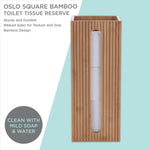 Product graphic of ribbed bamboo toilet paper reserve with cleaning instruction callout and teal accent background