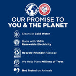 Blue panel titled Our Promise to You & The Planet listing cold water cleaning, renewable electricity, recycle-friendly package and not tested on animals