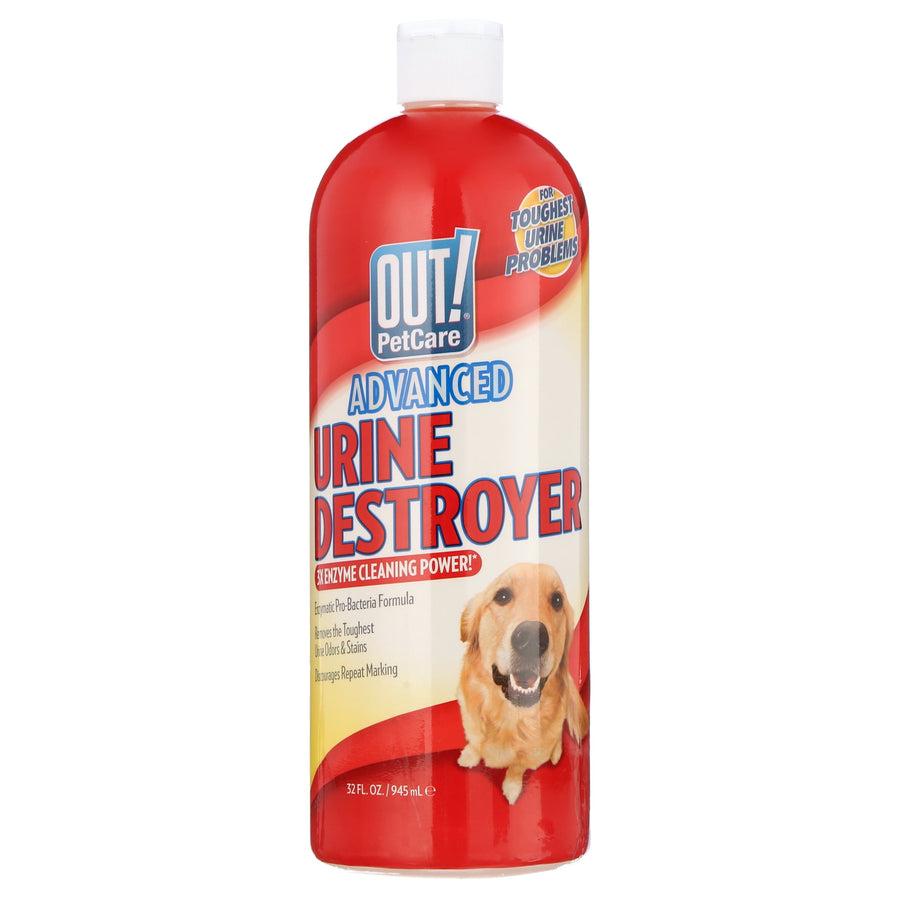 OUT! PetCare Advanced Urine Destroyer bottle front view with red and cream label and a smiling dog image