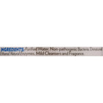 Close-up photo of product label ingredients listing: purified water, non-pathogenic bacteria, ethanol, enzymes, mild cleansers and fragrance