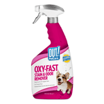 OUT! PetCare Oxy-Fast stain and odor remover spray bottle with pink label and corgi image on white background