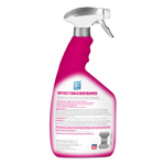 Rear view of OUT! PetCare Oxy-Fast stain and odor remover spray bottle showing ingredient and directions text on white background