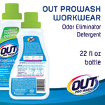 Two OUT ProWash bottles shown, one front and one back with usage instructions and 22 fl oz text