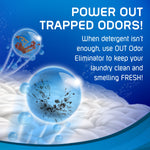Graphic showing textile fibers and bubbles with text ‘POWER OUT TRAPPED ODORS!’ explaining odor-eliminating action
