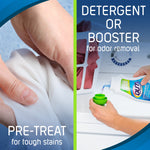 Split image of hands pre-treating fabric and pouring OUT ProWash into a cap with text ‘detergent or booster’