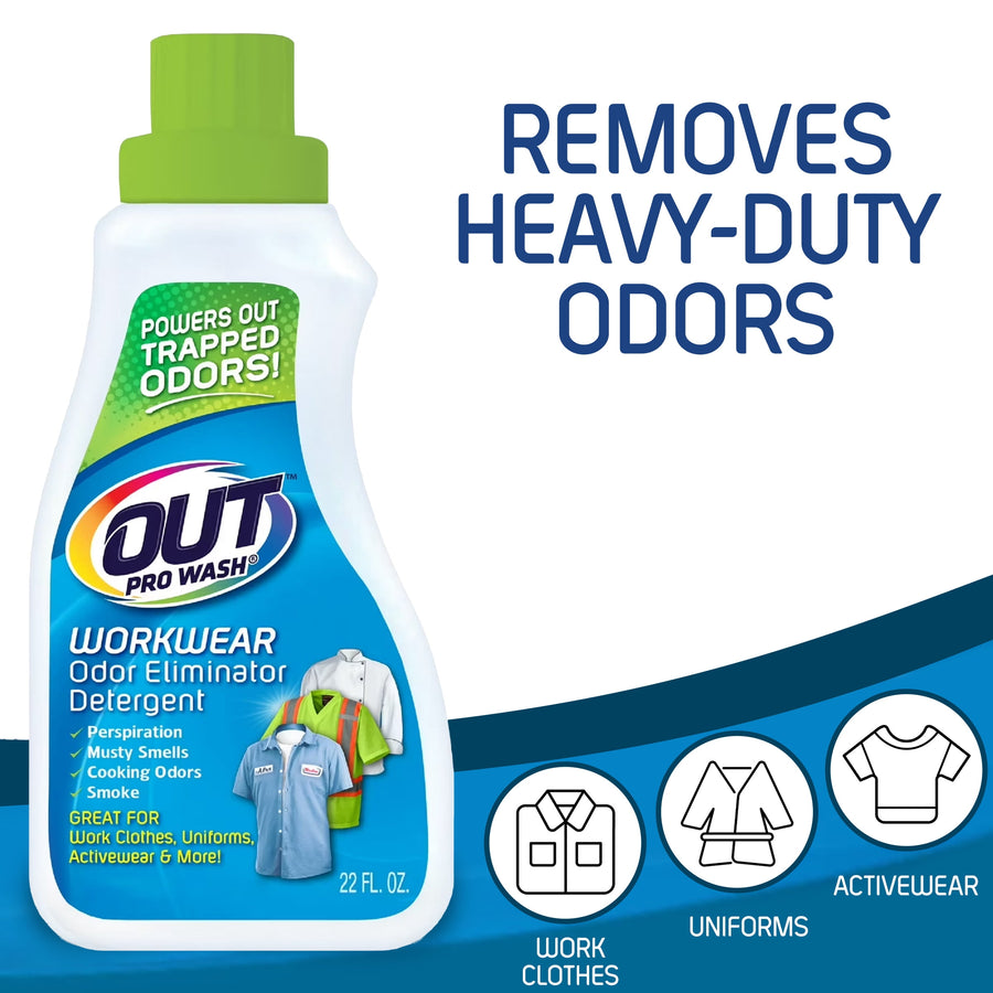 Bottle of OUT ProWash Workwear odor eliminator detergent label with claim ‘removes heavy-duty odors’ and icons