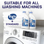 Two OUT White Brite bottles on a washing machine beside stacked towels with text indicating suitable for HE and standard machines