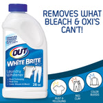 White OUT White Brite laundry whitener bottle on blue background with icons and callout text about removing what bleach and Oxi can't