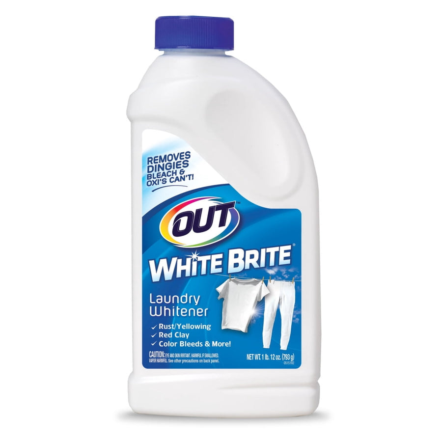 Out White Brite laundry whitener white plastic bottle with blue label, cap and clothing graphic