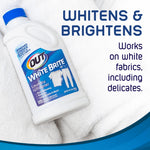 OUT White Brite bottle resting on folded white towels with text ‘WHITENS & BRIGHTENS’ and product claims at right
