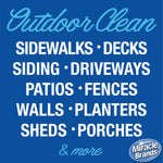 Blue graphic listing surfaces: sidewalks, decks, siding, driveways, patios, fences, walls, planters, sheds, porches and more