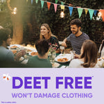 Outdoor lifestyle scene of friends dining under string lights with a banner stating DEET FREE and clothing-safe claim