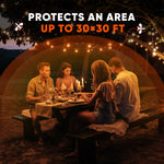 Evening outdoor dining scene with picnic table and string lights overlaid by an orange coverage arc and text about protecting an area.