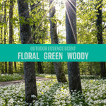 Forest scene with sunlight and white wildflowers overlaid by a teal banner reading Outdoor Essence Scent: Floral Green Woody