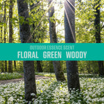 Forest scene with sunlight and white flowers overlaid by a teal banner reading Outdoor Essence Scent: Floral Green Woody