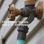 Close-up of an outdoor faucet with a hose connection and overlaid text stating compatibility with 3/4" GHT thread.