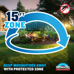 Outdoor evening scene with people seated under a large blue 15 ft zone graphic advertising mosquito protection and Thermacell logo