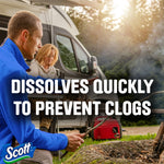 Outdoor lifestyle scene with people near an RV and text ‘Dissolves quickly to prevent clogs’ and Scott logo in corner