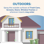 Outdoor house illustration highlighting entry points and trash cans with text instructing spraying exterior surfaces where insects may enter